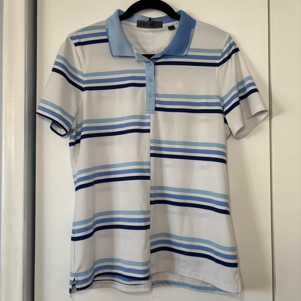 G/FORE Women’s Polo Offset Gradient Stripe Tech Jersey Large White Blue Golf